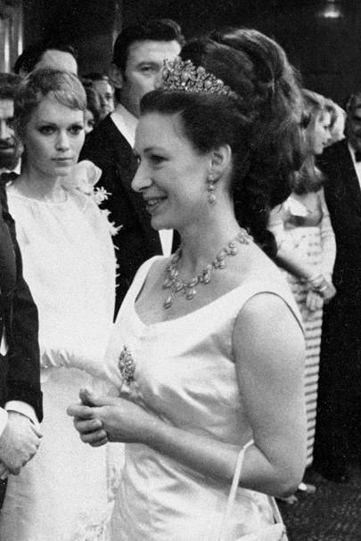 1967: In a Persian turquoise tiara at a royal film performance of 
The Taming of the Shrew